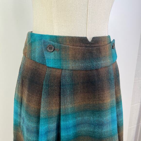 Chadwick’s Collection Plaid Wool Skirt Brown Teal Pleated Twee - Picture 2 of 8
